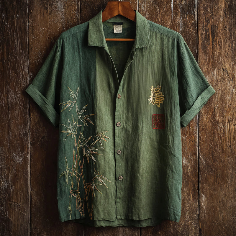Bamboo Embroidered Linen Shirt – Vintage Green Short Sleeve (S–6XL)