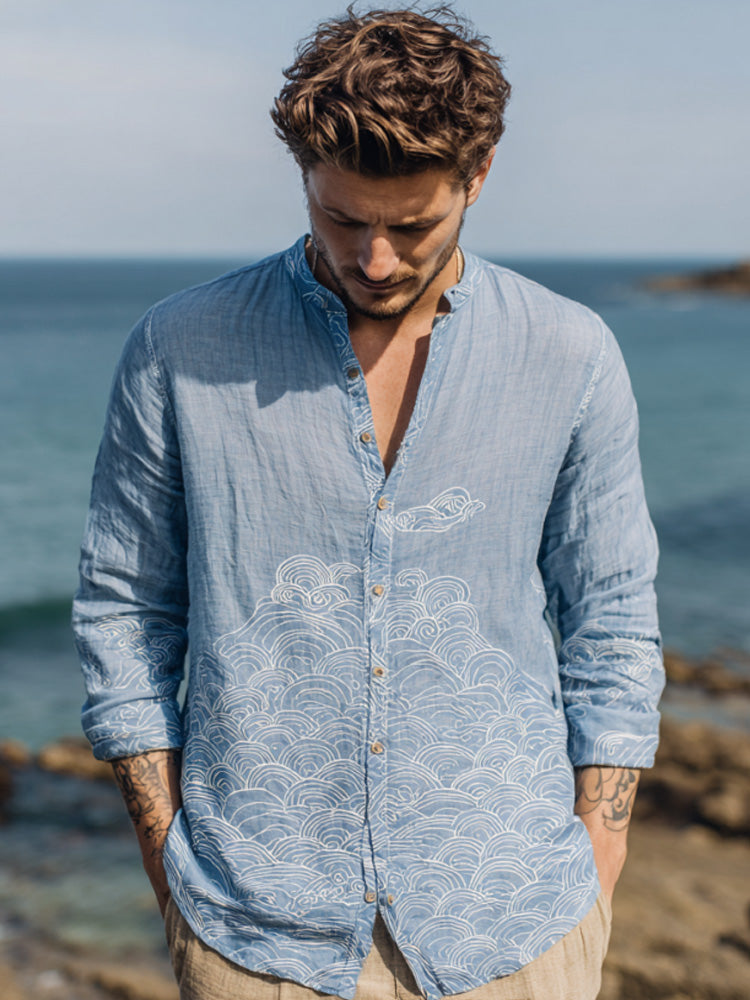 Coastal Blue Embroidered Linen Shirt – Relaxed Long Sleeve Button Shirt (S–6XL)