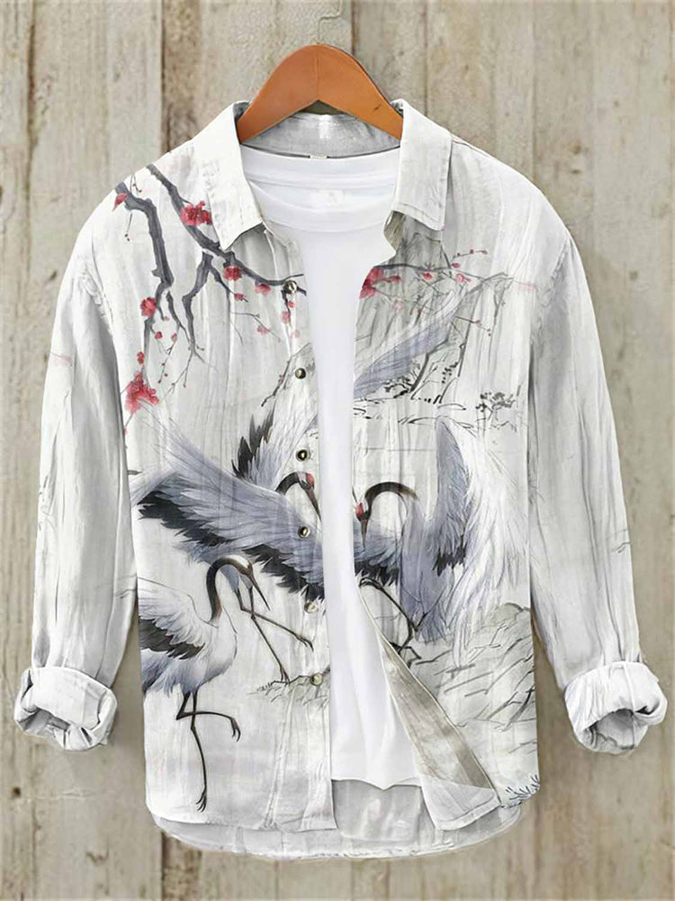 Artistic Crane Print White Linen Shirt – Relaxed Long Sleeve Button Shirt (S–6XL)