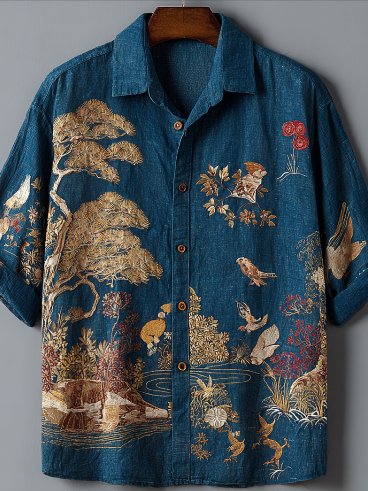 Blue Linen Shirt with Bird & Nature Artwork – Vintage Short Sleeve (S–6XL)