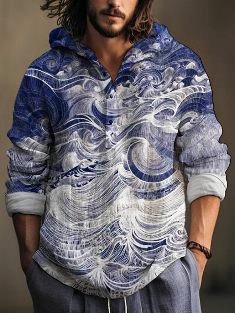 Coastal Wave Print Linen Shirt – Relaxed Hooded Pullover