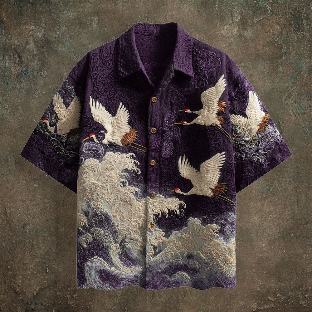 Embroidered Crane Pattern Shirt with Wave-Inspired Design | Short Sleeve Casual Wear (S–6XL)
