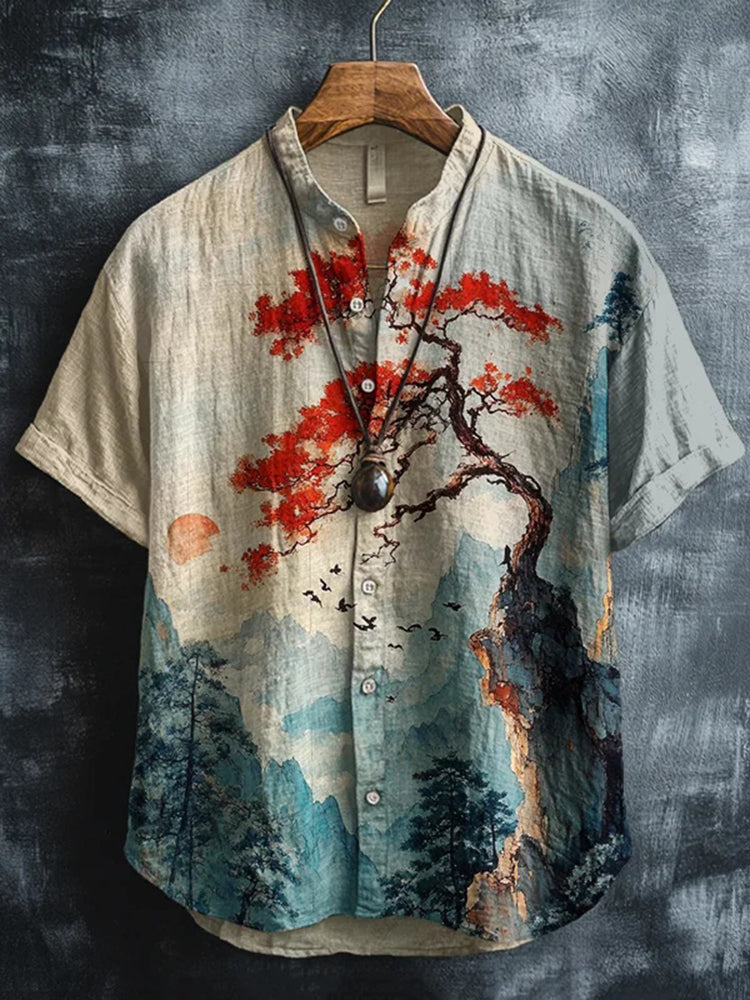 Artistic Ink-Inspired Blossom Tree Linen Shirt – Vintage Style Short Sleeve (S–6XL)