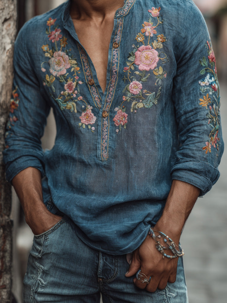 Teal Blue Linen Henley – Vintage Floral Embroidery Artisan Top (S–6XL)