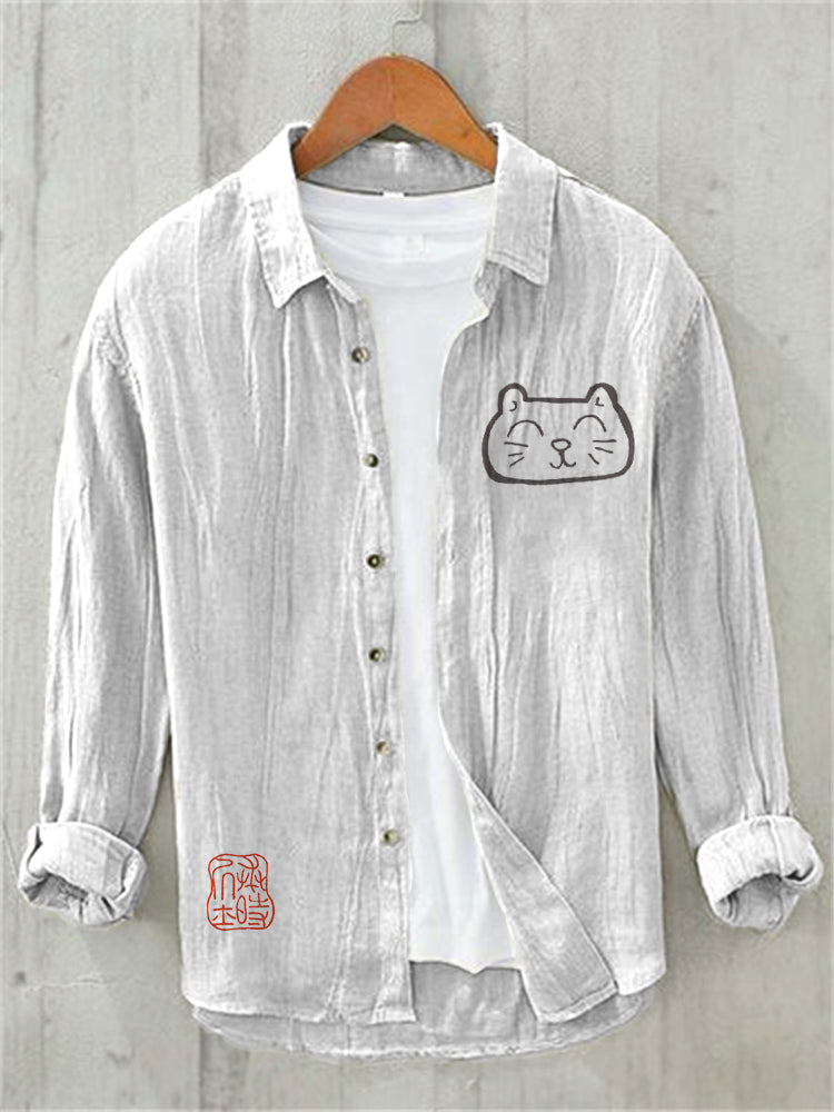 Abstract Cat Print Linen Shirt – Casual Long Sleeve Natural Shirt (S–6XL)