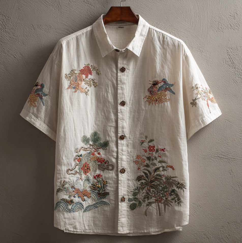 Vintage White Linen Short Sleeve Shirt – Bird & Floral Embroidered Design