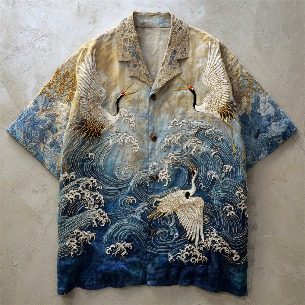 Crane Wave Embroidered Linen Shirt – Short Sleeve Vintage Button-Up (S–6XL)