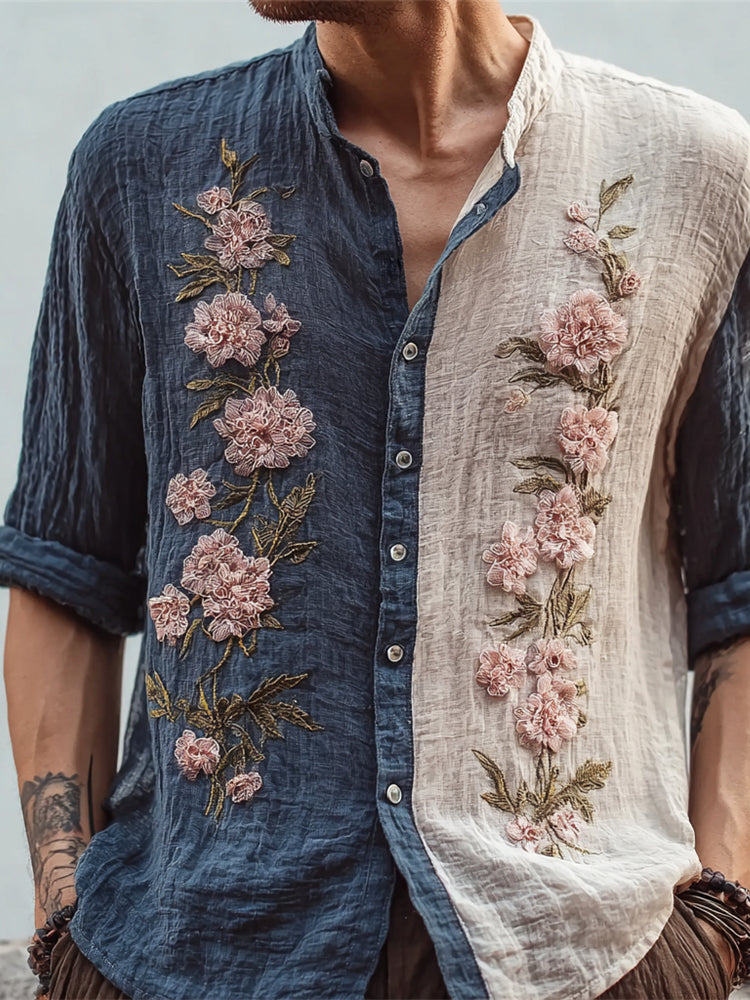 Two-Tone Linen Shirt – Vintage Floral Embroidery Button-Up (S–6XL)
