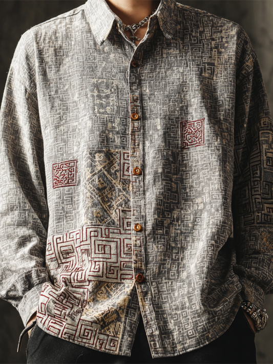 Geometric Pattern Grey Linen Shirt ā Retro Style Button-Up (Sā6XL)