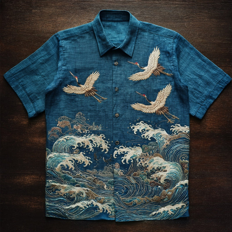 Vintage Linen Shirt with Crane & Ocean Wave Embroidery – Short Sleeve (S–6XL)