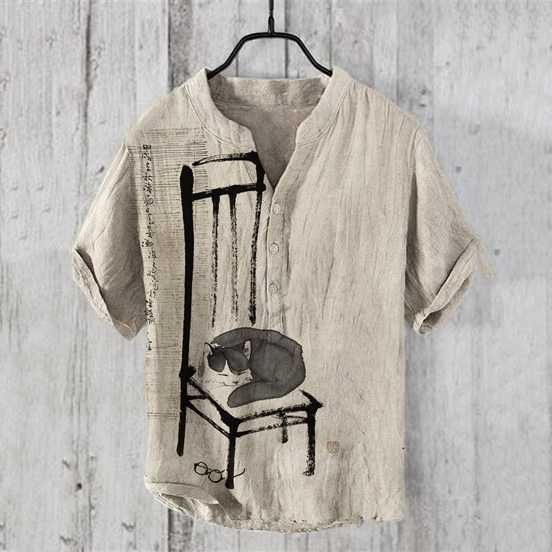 Ink Cat Illustration Linen Shirt | Short Sleeve Vintage Button-Up