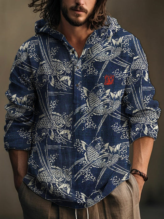 Japanese Ink Koi Fish Linen Hoodie ā Short Sleeve Pullover Shirt