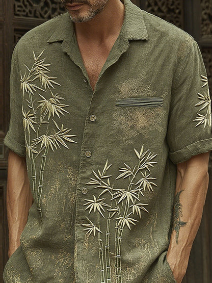 Vintage Linen Shirt with Green & Blue Bamboo Embroidery ā Short Sleeve Casual (Sā6XL)