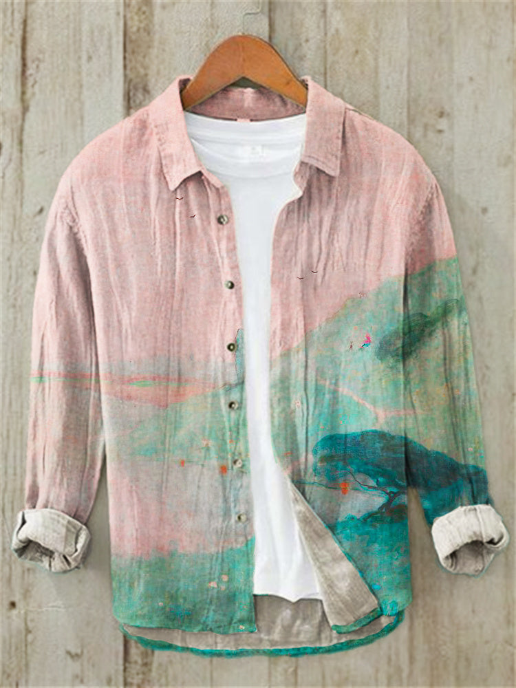 Pink & Teal Ombre Linen Shirt – Relaxed Vintage Long Sleeve (S–6XL)