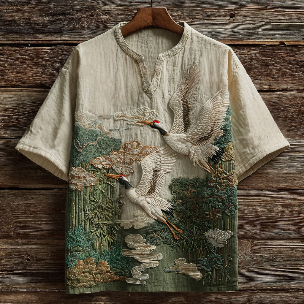 Crane Embroidery Linen Shirt with Artistic Design – Short Sleeve (S–6XL)