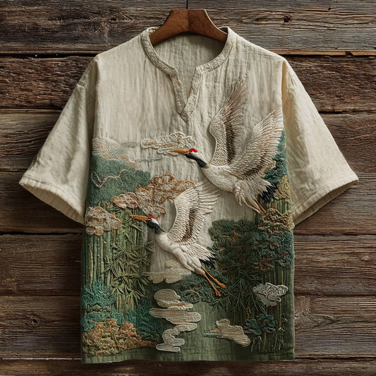 Crane Embroidery Linen Shirt with Artistic Design – Short Sleeve (S–6XL)