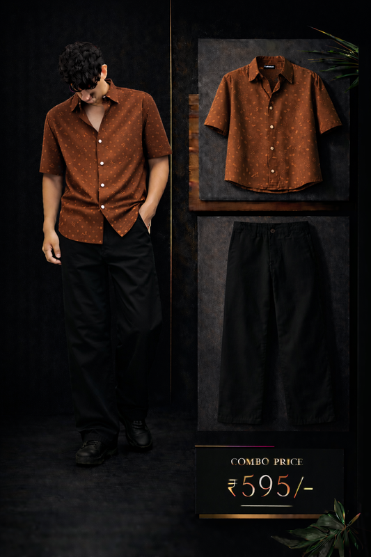 Men’s Premium Rust Brown Printed Shirt with Black Trouser Combo Set | Stylish Casual Outfit for Men | Regular Fit