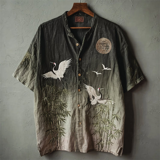 Crane & Bamboo Embroidered Linen Shirt – Vintage Short Sleeve Button-Up (S–6XL)