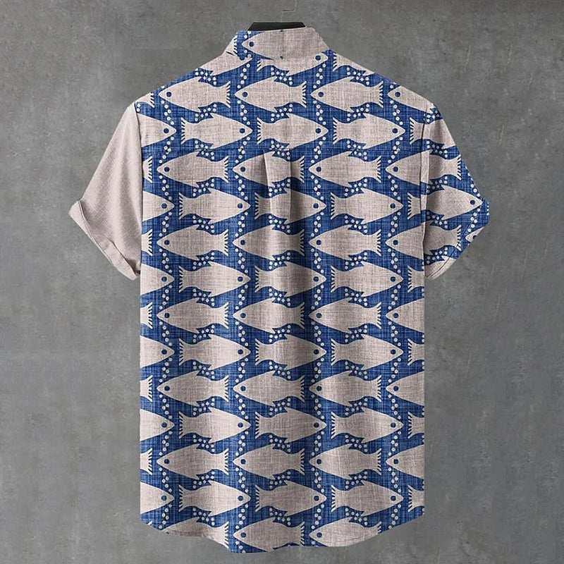 Artistic Fish Print Linen Shirt with Split Design – Short Sleeve Casual Wear (S–6XL)