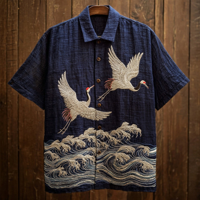 Flying Crane Embroidered Linen Shirt – Vintage Ocean Art Short Sleeve Button-Up (S–6XL)