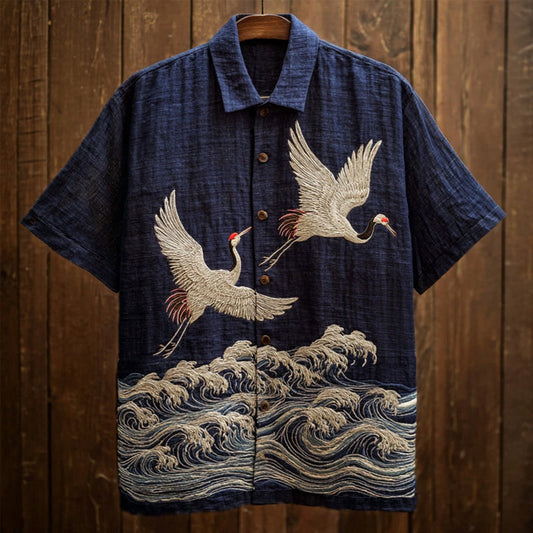 Flying Crane Embroidered Linen Shirt – Vintage Ocean Art Short Sleeve Button-Up (S–6XL)