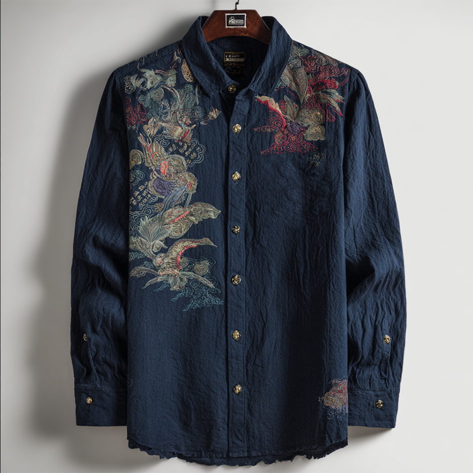 Artisan Embroidered Navy Linen Shirt – Casual Vintage Button Shirt (S–6XL)