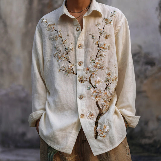 Artisan Ivory Embroidered Shirt – Floral Branch Design (S–6XL)