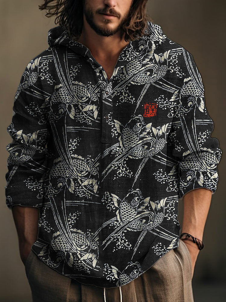 Japanese Ink Koi Fish Linen Hoodie – Short Sleeve Pullover Shirt