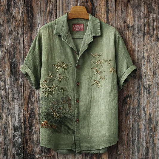 Green Bamboo Linen Shirt – Short Sleeve Vintage Casual (S–6XL)