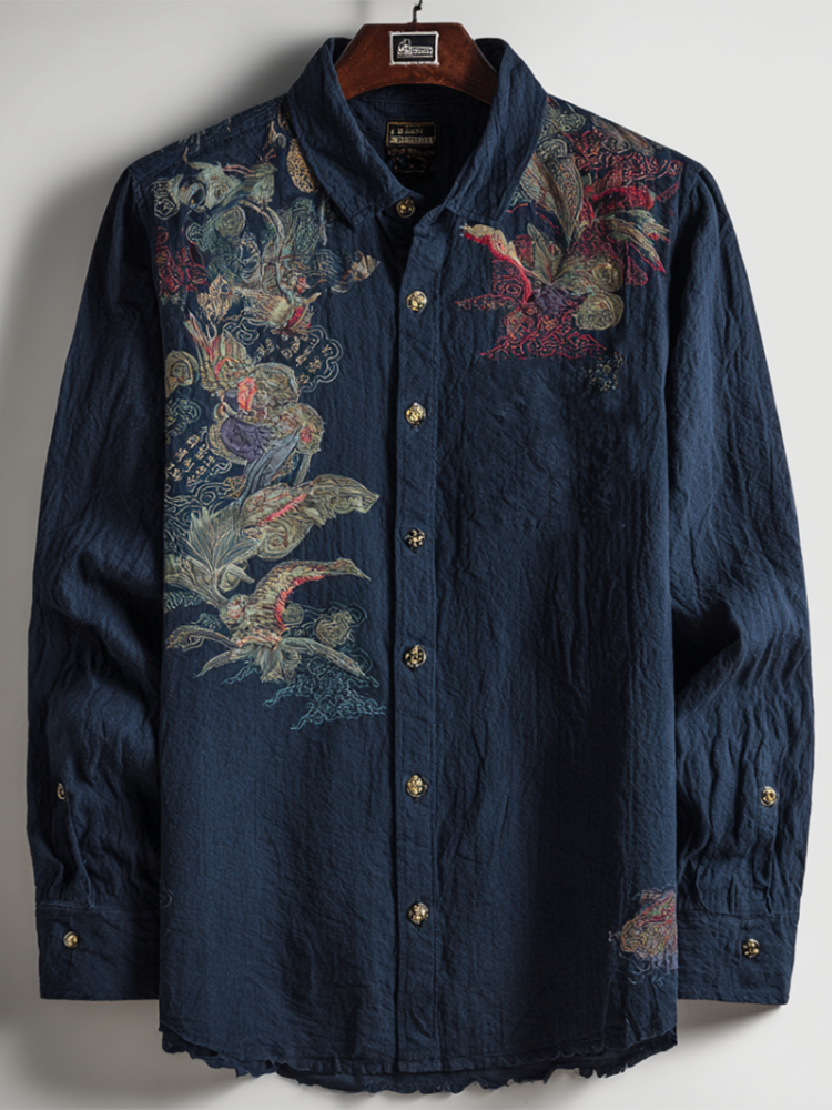 Artisan Embroidered Navy Linen Shirt – Casual Vintage Button Shirt (S–6XL)