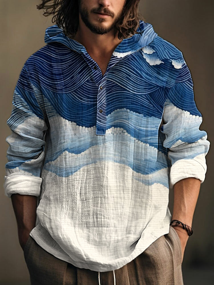 Zen Cloud Wave Linen Hoodie – Relaxed Japanese Shirt (S–6XL)