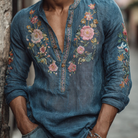 Teal Blue Linen Henley – Vintage Floral Embroidery Artisan Top (S–6XL)