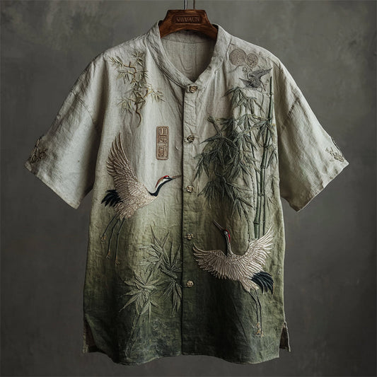 Vintage Linen Shirt with Crane & Bamboo Embroidery – Short Sleeve Casual (S–6XL)