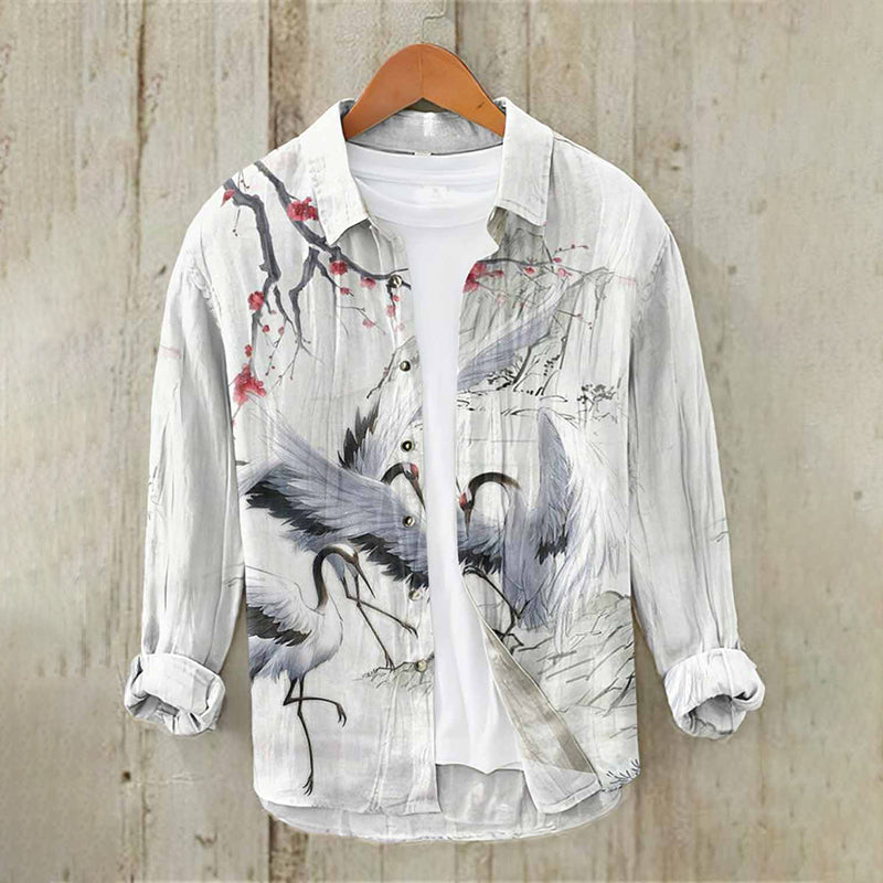 Artistic Crane Print White Linen Shirt – Relaxed Long Sleeve Button Shirt (S–6XL)