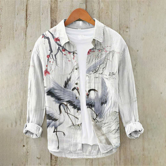 Artistic Crane Print White Linen Shirt – Relaxed Long Sleeve Button Shirt (S–6XL)