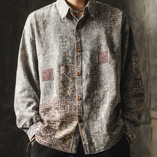 Geometric Pattern Grey Linen Shirt – Retro Style Button-Up (S–6XL)