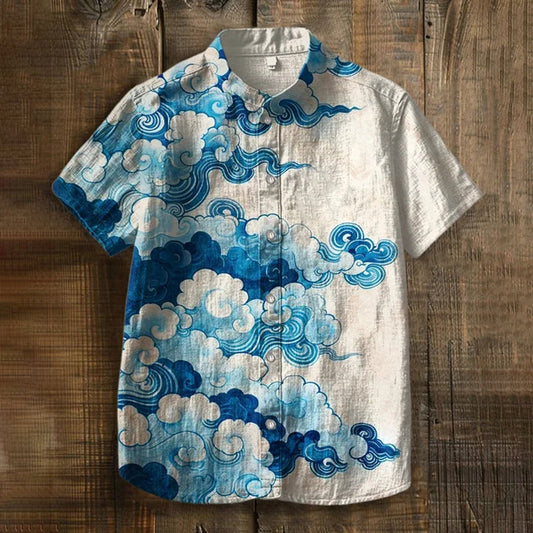 Blue Cloud Print Linen Shirt – Vintage Short Sleeve Button-Up (S–6XL)