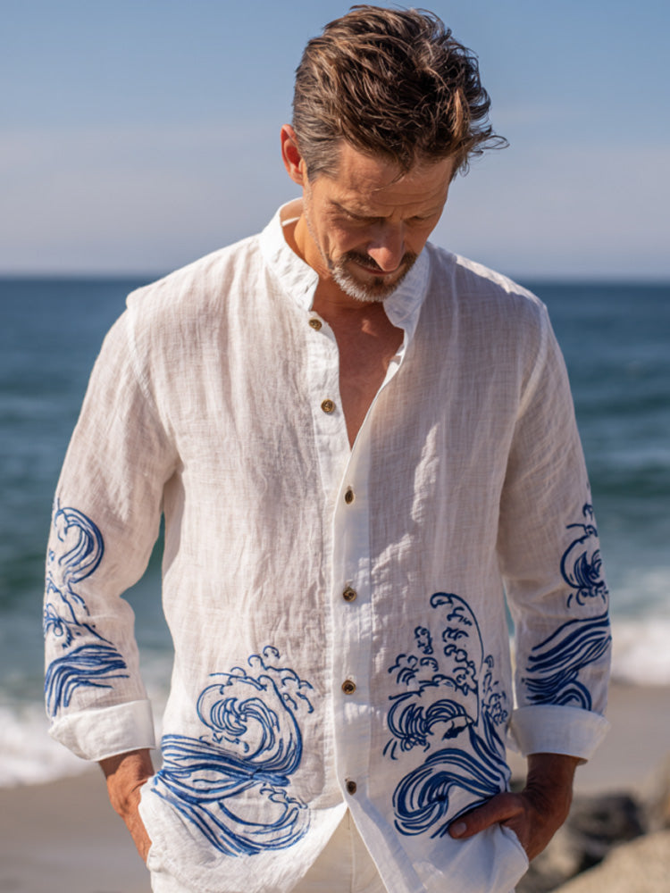 Sea Wave Embroidered Linen Shirt – Casual Long Sleeve Coastal Style (S–6XL)