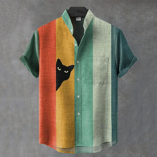 Color-Block Linen Shirt with Cat Print – Vintage Casual Short Sleeve (S–6XL)