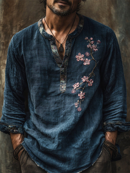 Heritage Blue Linen Henley – Handcrafted Floral Embroidery Shirt (S–6XL)