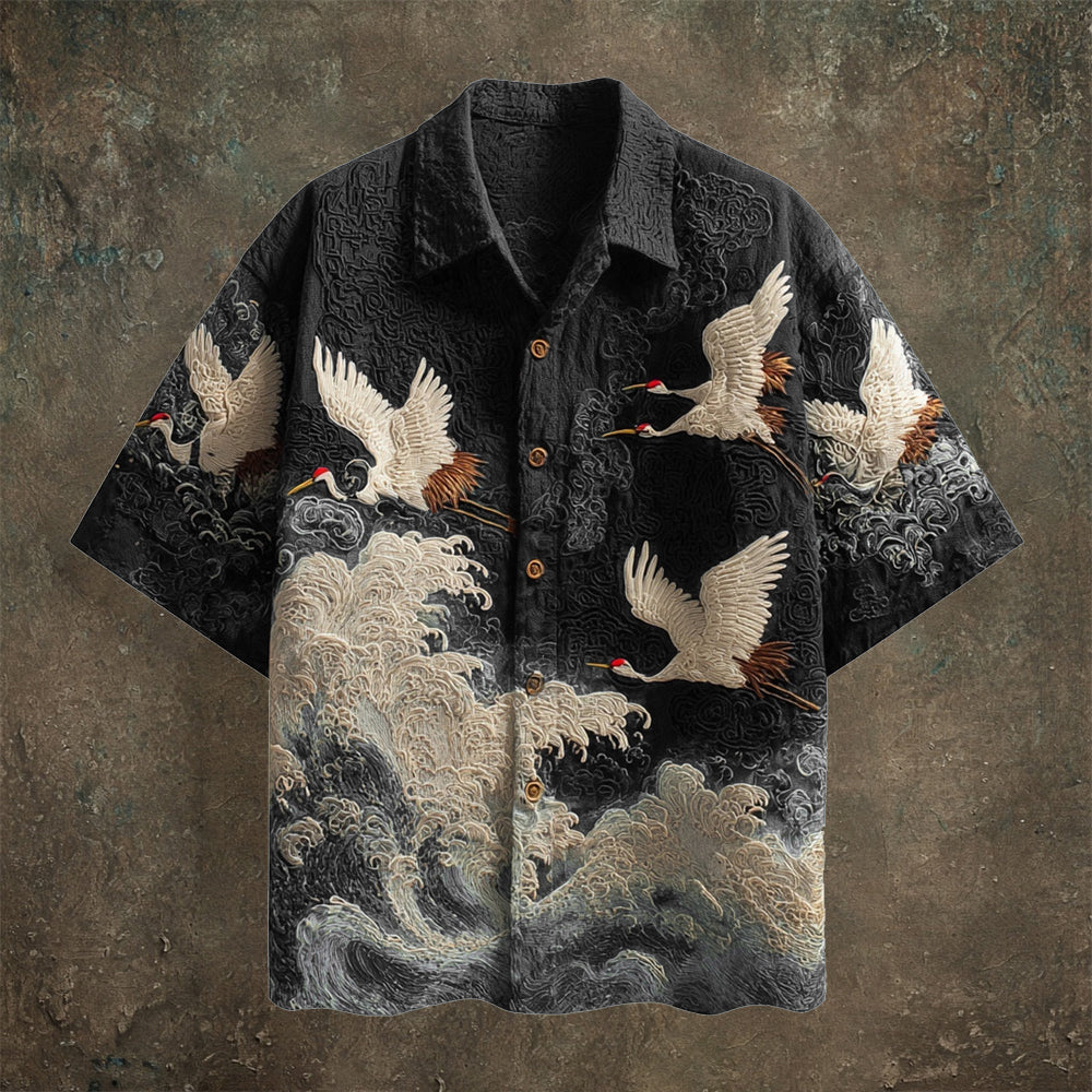 Embroidered Crane Pattern Shirt with Wave-Inspired Design | Short Sleeve Casual Wear (S–6XL)