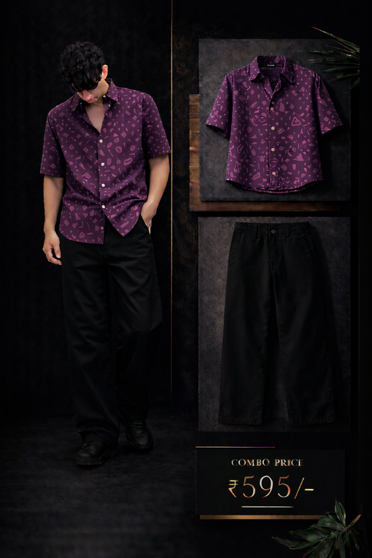 Men’s Premium Purple Printed Shirt with Black Trouser Combo Set | Stylish Casual Outfit for Men | Regular Fit