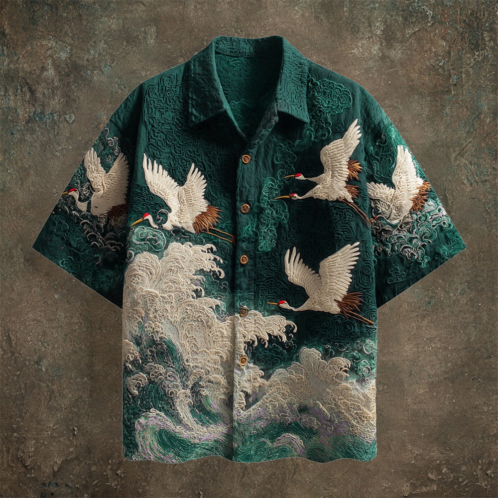 Embroidered Crane Pattern Shirt with Wave-Inspired Design | Short Sleeve Casual Wear (S–6XL)