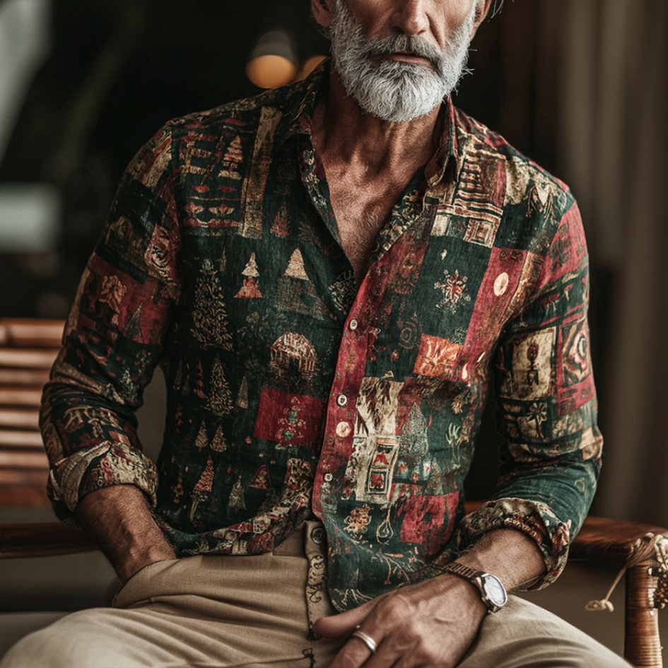 Retro Patchwork Linen Shirt – Artistic Casual Button-Up (S–6XL)
