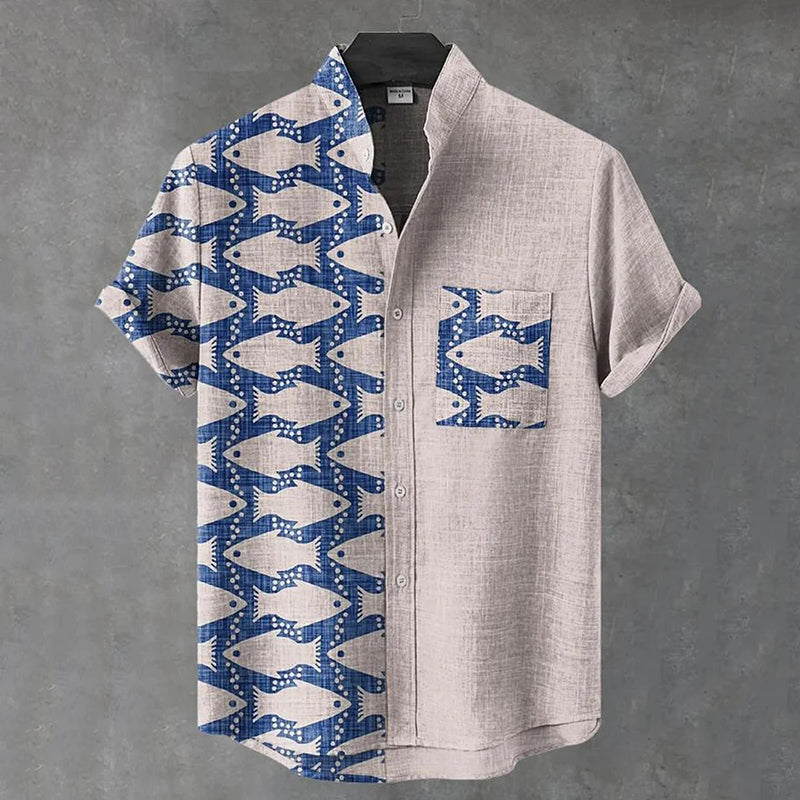 Artistic Fish Print Linen Shirt with Split Design – Short Sleeve Casual Wear (S–6XL)
