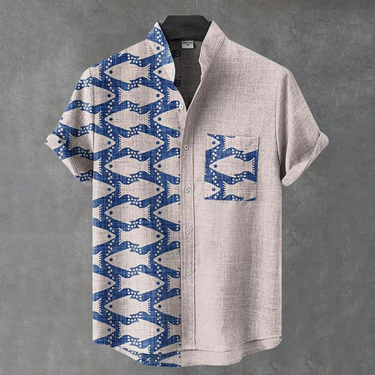 Artistic Fish Print Linen Shirt with Split Design – Short Sleeve Casual Wear (S–6XL)