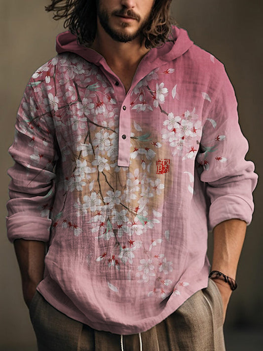 Vintage Pink Sakura Hooded Linen Shirt – Short Sleeve Pullover