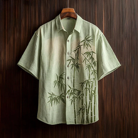 Bamboo Embroidered Linen Shirt – Vintage Short Sleeve Button-Up (S–6XL)
