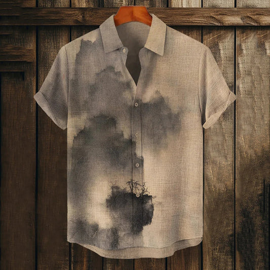Vintage Style Linen Shirt with Ink Wash Landscape Artwork – Short Sleeve Summer Button-Up