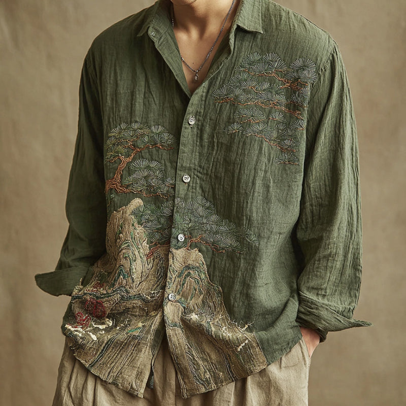 Hand-Embroidered Olive Shirt – Vintage Mountain & Pine Motif (S–6XL)